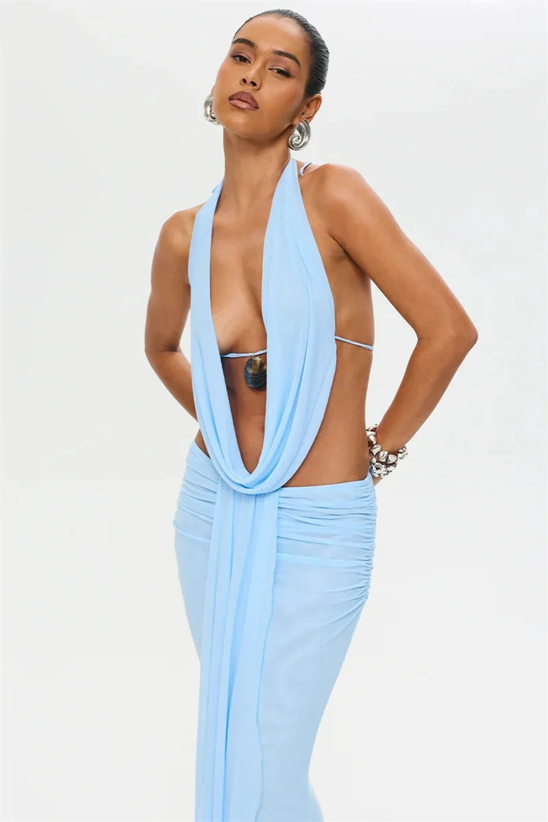 Sexy Dress Set Women Halter Crop Top And Maxi Skirt Matching Sets Female Elegant Beach Club Party Skirt Two Piece Set