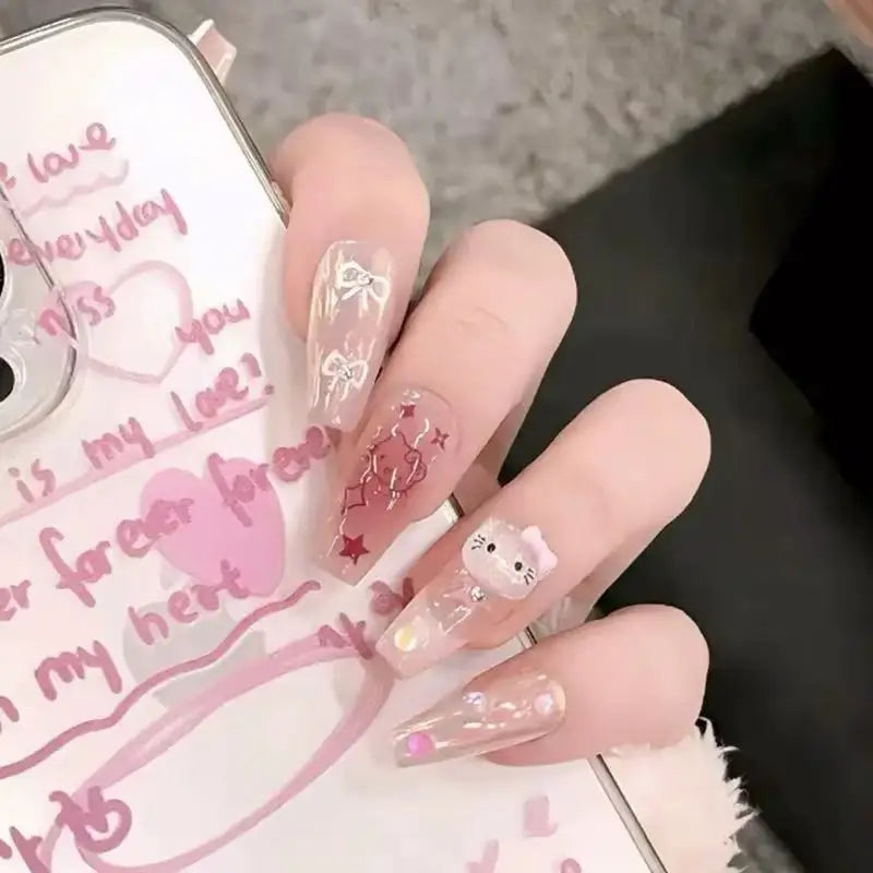 Y2k Girls Hello Kitty Cat Wearing Nails Cute Nail Art Pink Tone Anime Ins Fake Nail Patches Cartoon Kawaii  Kt Cat Women Diy