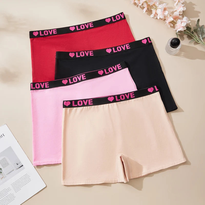4PCS Plus Size Comfortable Women's Briefs Cute Heart-Print Women's Boxer Briefs Cotton Valentine's Day