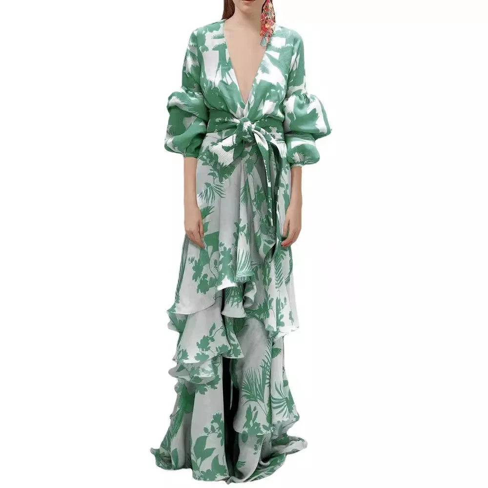 Summer Chiffon Floral Print Dress for Women Casual Short Sleeve Holiday Long Dress Female V-Neck Beach Irregular Bohemian Dress