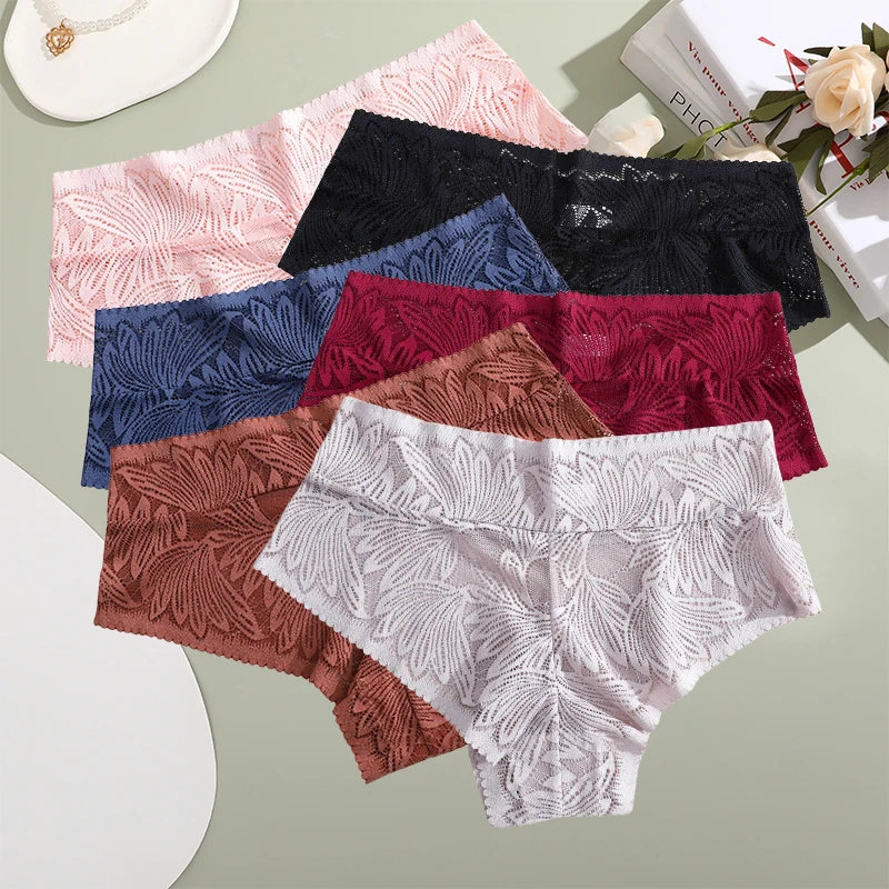 6pcs Women's Sexy Lace Panties Seamless High Waist Transparent Briefs Solid Color Hollow Breathable Female Underwear Large size