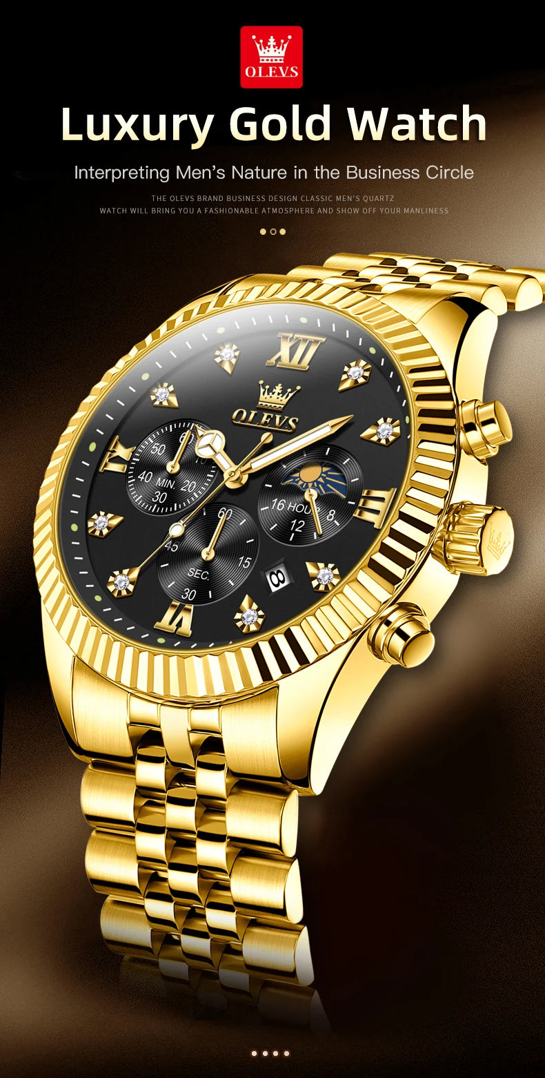 OLEVS Brand Luxury Gold Black Quartz Watch for Men Stainless Steel Waterproof Luminous Date Week Fashion Men Watches Reloj Hombr