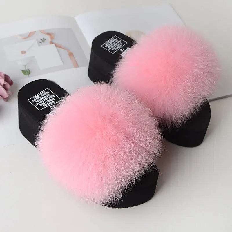 Women Fox Fur Slippers Woman Fashion Sandals Girls Casual Fur Slides 7cm Thick Sole Summer Platform Shoes Modern Slippers Wedges