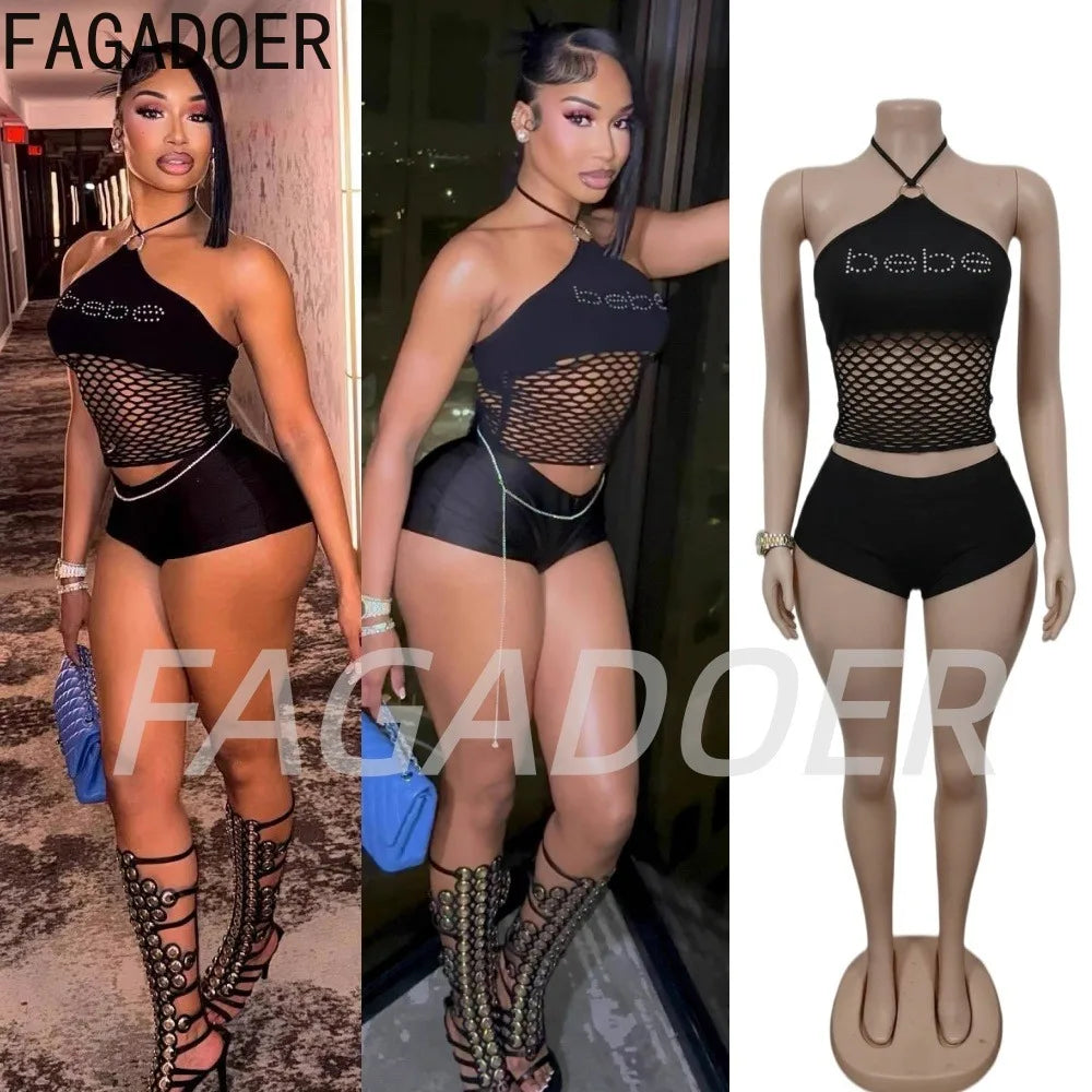 FAGADOER Sexy Lace Up Off Shoulder Two Piece Sets for Women Summer Hollow Out Crop Top and Shorts Suits Street Party Outfits