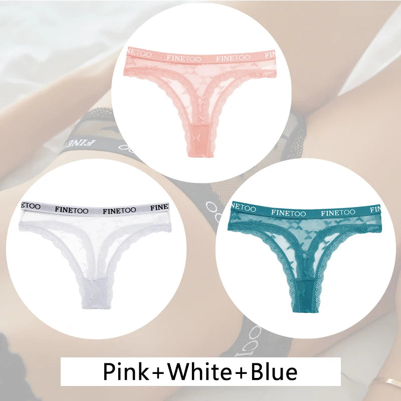 FINETOO Women Lace Thongs 3Pcs/set Letter Bikini Underpants Sexy T-Back Underwear Female Low-Rise Floral G-strings Lingerie 2022