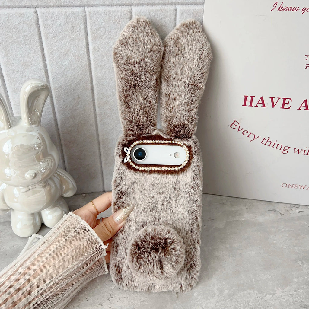 3D Cute Rabbit Ears Fur Plush Phone Case For iPhone 17 Pro Max 16 15 14 13 12 11Pro max Plus mini 17Air Furry Bunny Warm Cover