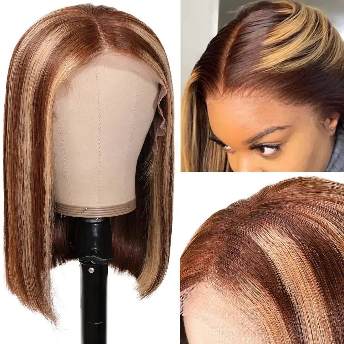 Straight Highlight Ombre Bob Wigs Human Hair 4/27 Honey Brown 13x4 Transparent Lace Front Human Hair Brazilian Wig Density200%