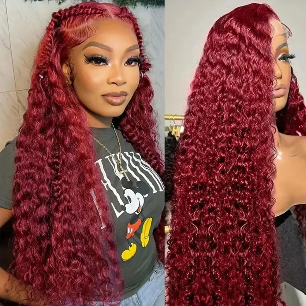 Mamushow 13x4 13x6 Deep Wave Lace Frontal Wig Transparent 99J Burgundy Curly Lace Front Wigs Red Colored HD Deep Wave Human Hair