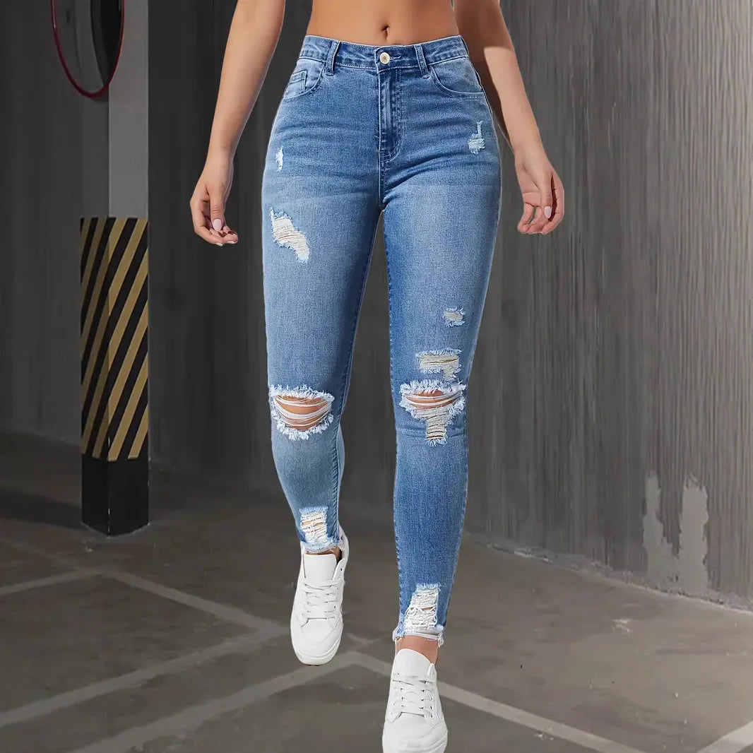 Fashion Skinny Hole Jeans Women 2025 Autumn Stretchy High Waisted Ripped Slim Retro Solid Color Denim Trousers Pants