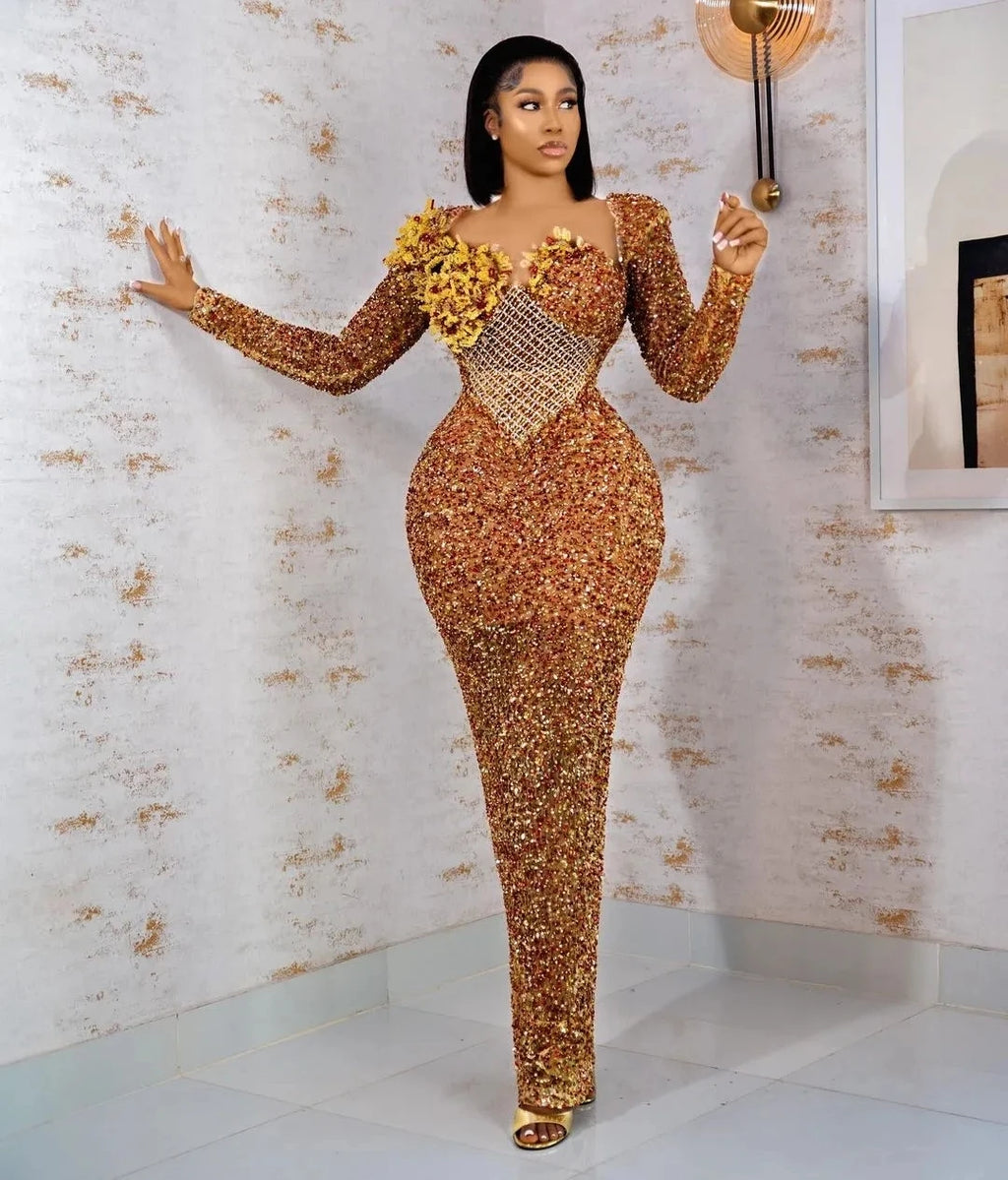 Sparkle African Aso Ebi Evening Dresses Sheath Long Sleeves Sequins Formal Party Gown Prom Dresses For Black Girls Customized