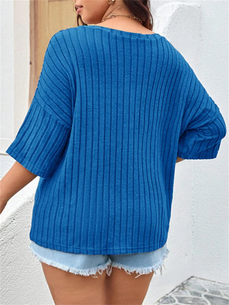 GIBSIE Plus Size Drop 3/4 Sleeve Loose Rib-knit T Shirt Women Summer 2025 Solid Color V-Neck Pocket Casual Female Tops Tees