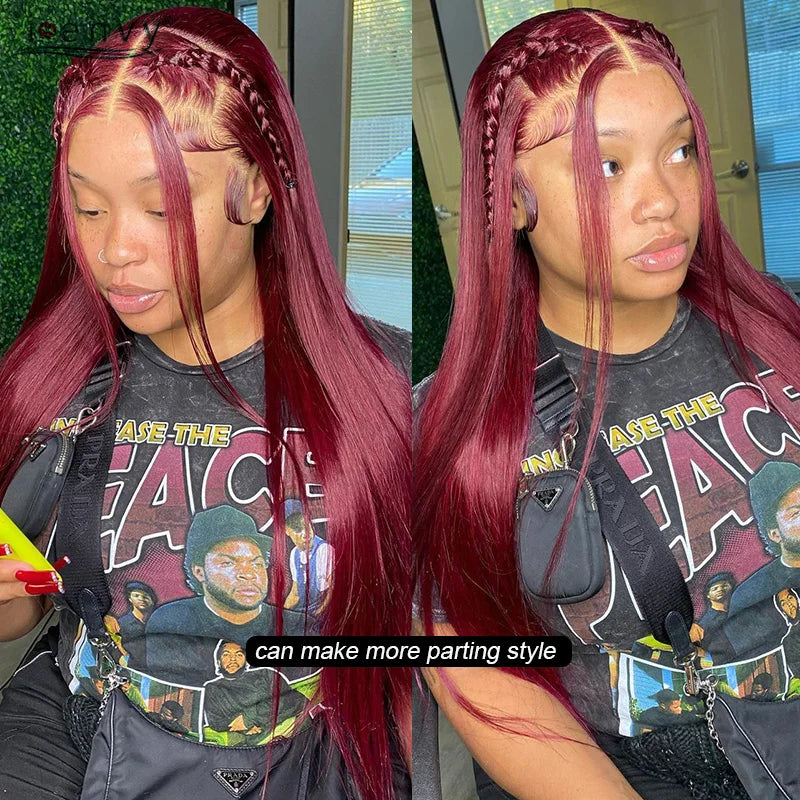 99J Red Colored Lace Front Human Hair Wigs Silky Straight 13X4 13X6 Burgundy Hd Transparent Pre Plucked Lace Frontal Wigs 180%