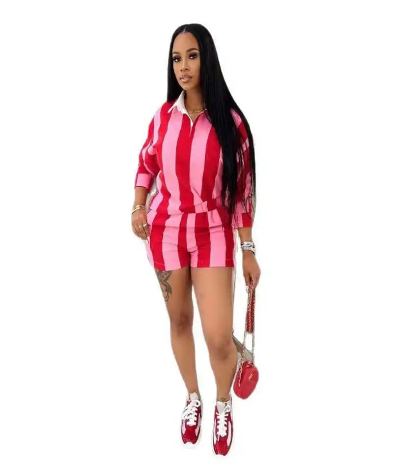 Shorts Pant Set Women Two Piece Sets Short Sleeve Matching Sets Striped Top High Waist Pants Suit Casual Y2k Streetwear Jogger