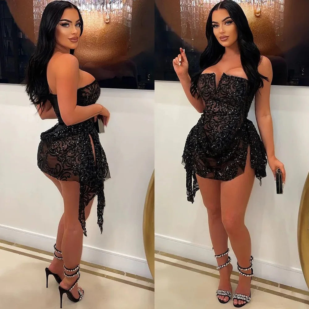 Sequin Ruffle Dress Lady Sexy Party Bodycon Evening Dresses 2024 Women Summer Clothes Elegant Luxury Birthday Club Mini Dresses