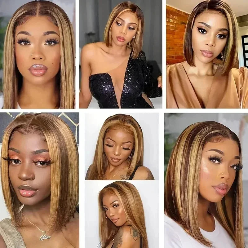 Straight Highlight Ombre Bob Wigs Human Hair 4/27 Honey Brown 13x4 Transparent Lace Front Human Hair Brazilian Wig Density200%