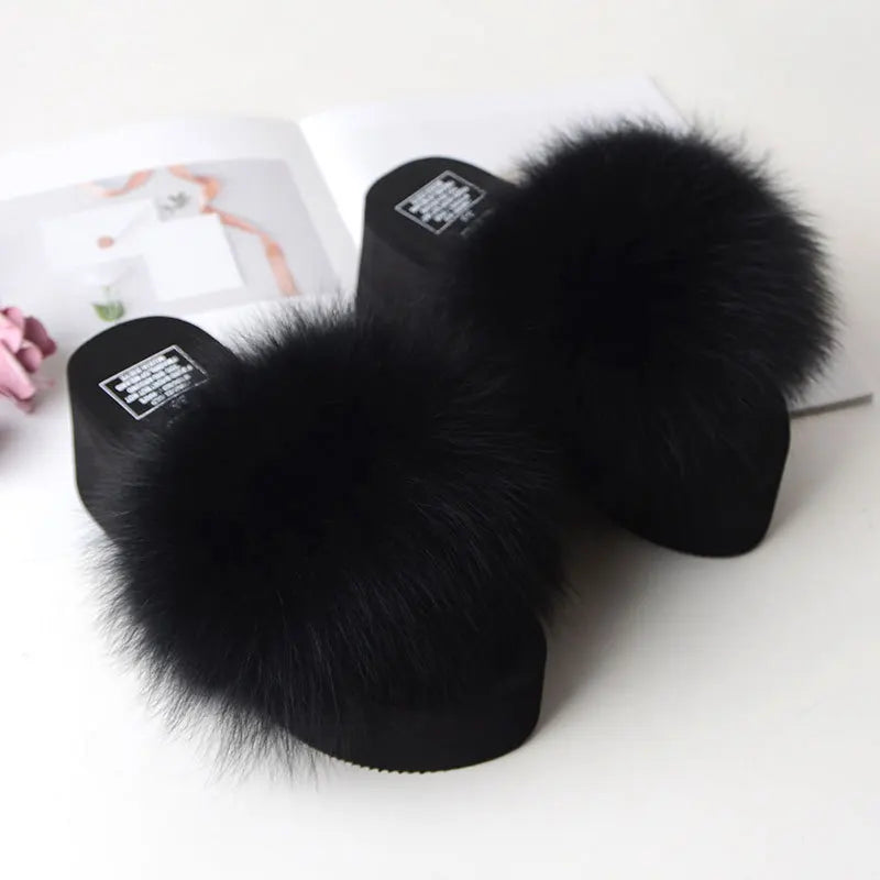 Women Fox Fur Slippers Woman Fashion Sandals Girls Casual Fur Slides 7cm Thick Sole Summer Platform Shoes Modern Slippers Wedges