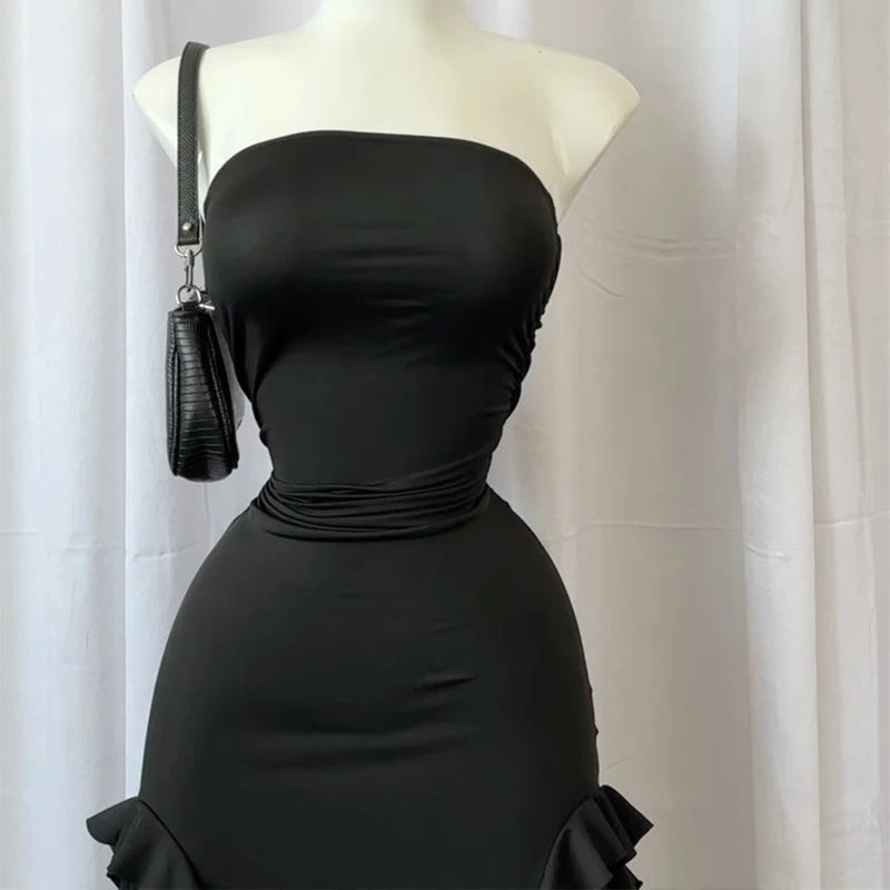 Sexy Strapless Tube Long Dress Summer Women Sleeveless Backless Irregular Layered Ruffled Tassels Skirt Y2K Fashion Slim Dresses