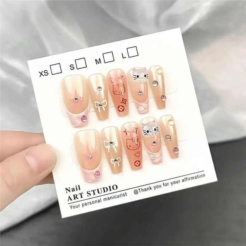 Y2k Girls Hello Kitty Cat Wearing Nails Cute Nail Art Pink Tone Anime Ins Fake Nail Patches Cartoon Kawaii  Kt Cat Women Diy