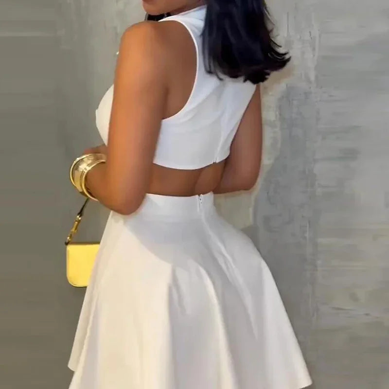 Elegant Stylish Sleeveless A-Line Mini Dress Women Sexy Hollow Out Club Party Dresses For Women Summer Short Dress White Black