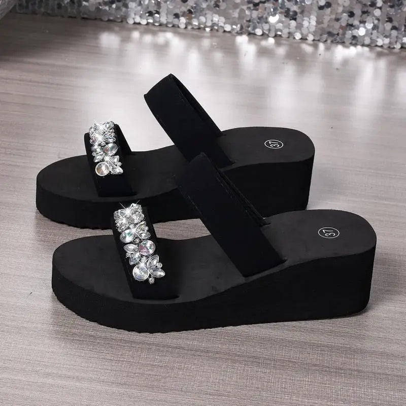 Luxury Silver Rhinestore Thick Bottom Black Sandals Women Summer 2026 Comfort Platform Beach Slippers Woman Wedge Heel Slippers