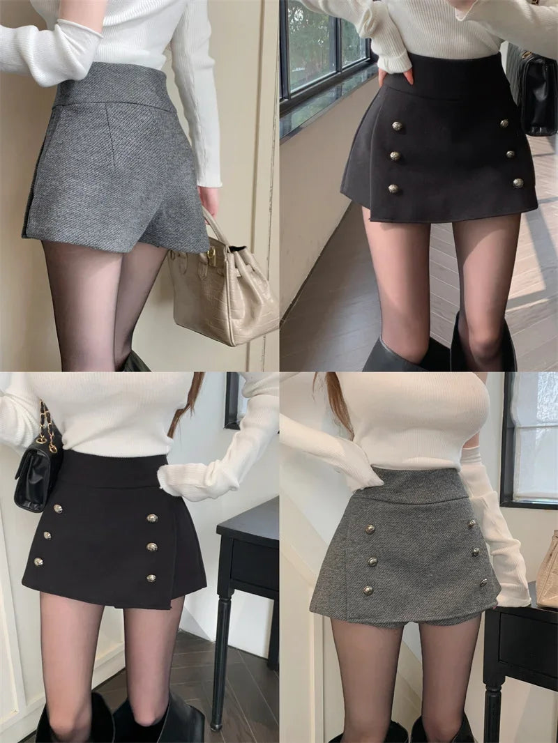 Double-Breasted Simple Woolen A-Line Mini Skirt Women's Autumn Winter Sexy Bodycon Short Pants Versatile High Waist Skirt