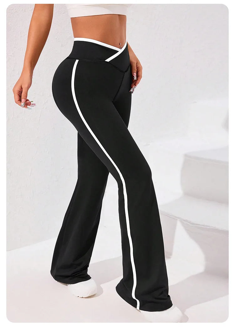 Side Stripe Flared Yoga Pants Women Cross Waist High Rise Butt Lifting Wide Leg Outdoor Slim Fit  Wicking Sportswear