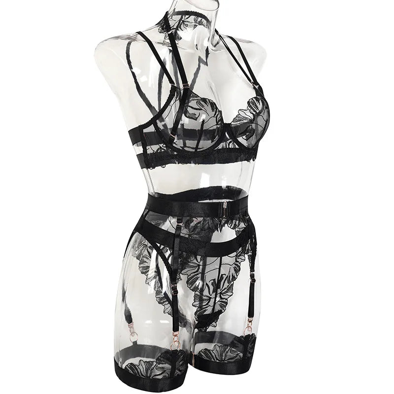Diccvicc Sensual Lingerie Floral Lace Halter Bra Fancy Garter Set See Through Women Sexy Underwear Fine Exotic Intimate Outfits
