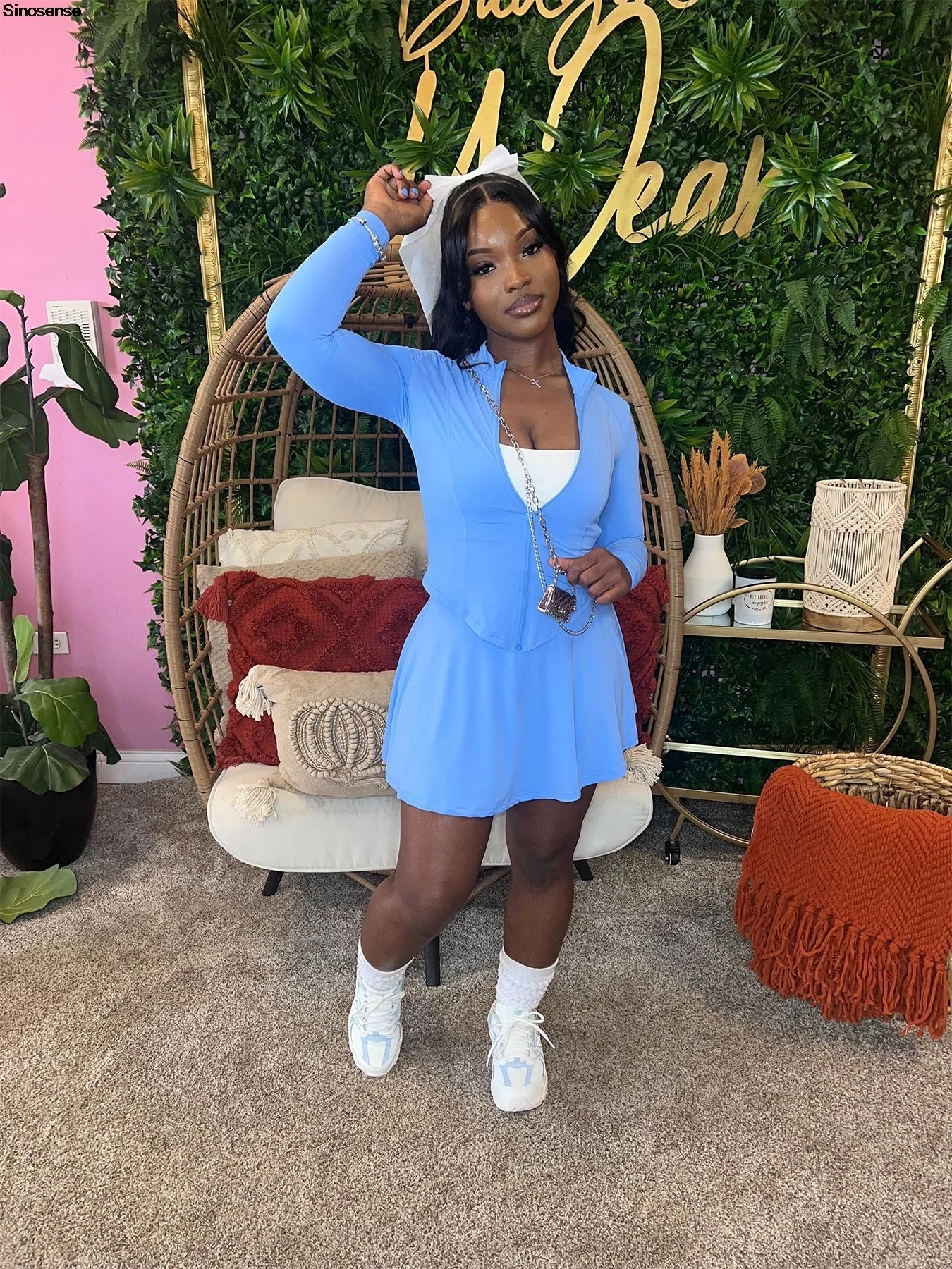 Womens Casual Sports 2 Piece Outfits Long Sleeve Zip Up Jacket Mini Skirt With Shorts Sets Daily Wear Going Out Athletic Outfits