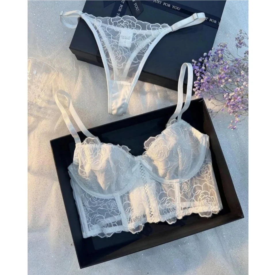 Krasapt White Floral Embroidered Fishbone Bras And Panties Sexy Lingerie Sets Transparent Mesh Patchwork Erotic Underwear Suit