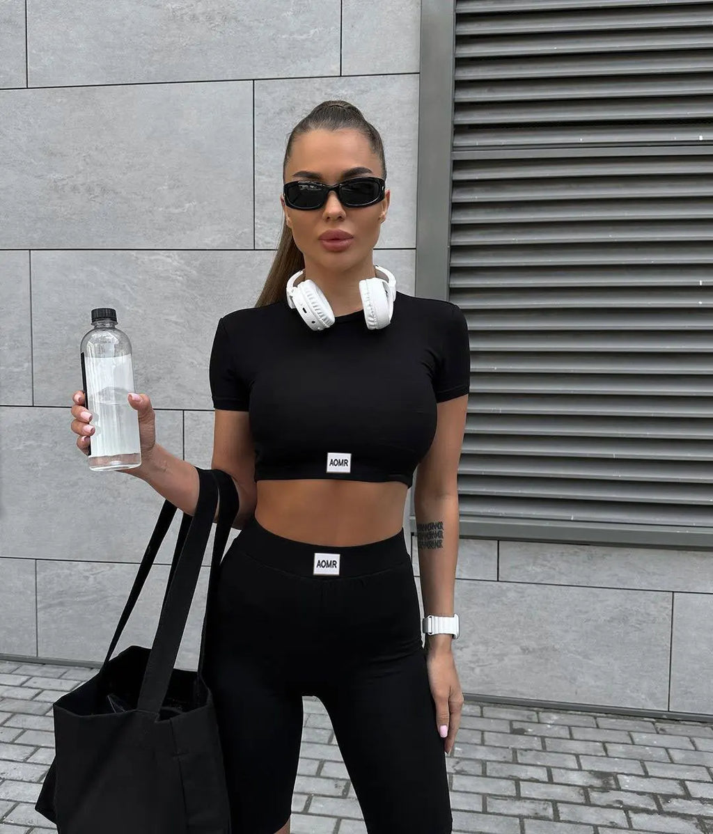 Spring Autumn Black 2 Two Peice Sets Tracksuit Women Outfits Long Sleeve Crop Top Trousers Skinny Sports Yoga Sets Itness Wear