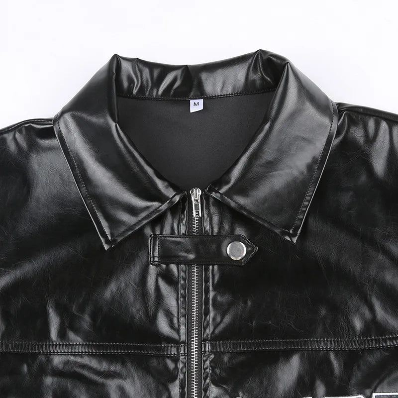 FAGADOER Y2k Punk Gothic Leather Jacket Women Cropped Lapel Letter Embroidery Moto Jackets Coat Short Female Streetwear 2025 New