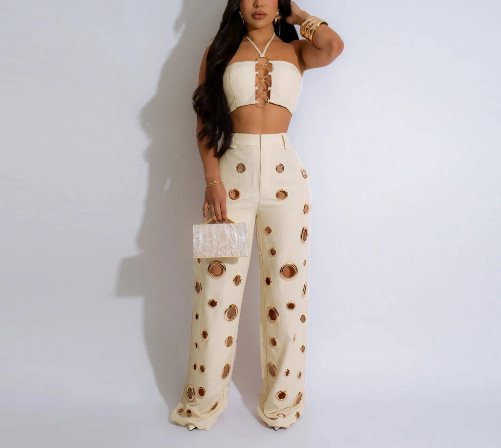 Metal Ring Hollow Out Two Piece Set Women Sexy Strapless Lace Up Halter Backless Crop Tops + Wide Leg Pants Casual Street Suits