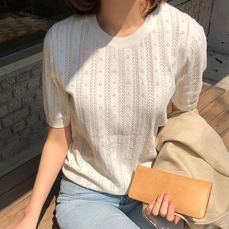 shintimes Short Sleeve Knitted T-shirt For Women O Neck Solid Pullover Tops Female Hollow Out Fashion Thin Tshirts Summer