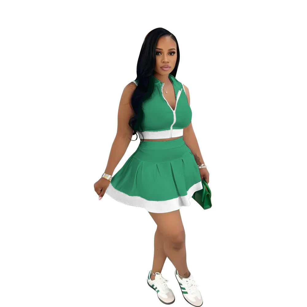 Women Two Piece Sets Shorts Skirt Set Zipper Sleeveless Sexy Tops Short Skirts A Line High Waist Y2k Streetwear Elegant Work