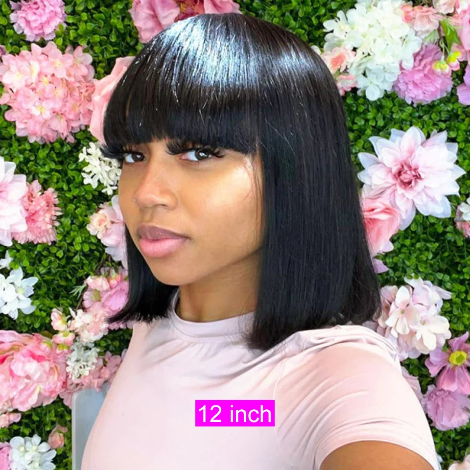 Short Bob Wig With Bangs Glueless Human Hair Wig Ready to Go Straight Hair Bob Wigs Brazilian Remy Full Machine Wigs for Women
