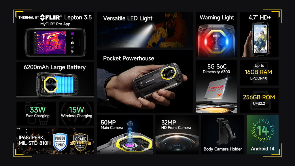 Ulefone Armor Mini 20T Pro 5G  4.7" Display  Rugged Phone LED Light Android 14 Smartphone 6200mAh 16GB+256GB 33W Mobile Phone