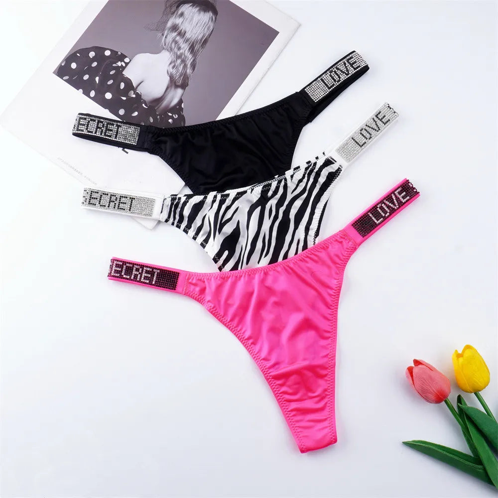 3PCS Sexy Low Waist Rhinestone Waistband Smooth Silk Thong Women Invisible G-string Plus Size S-XL Seamless Lingerie