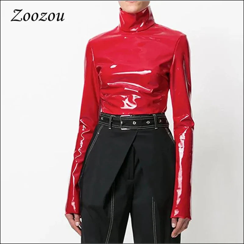 Women Shiny Faxu Leather Plus Size Turtleneck Tops Ladies Glossy Zipper PVC Pullover Black Red PU Leather 4XL 5XL 6XL Clothes