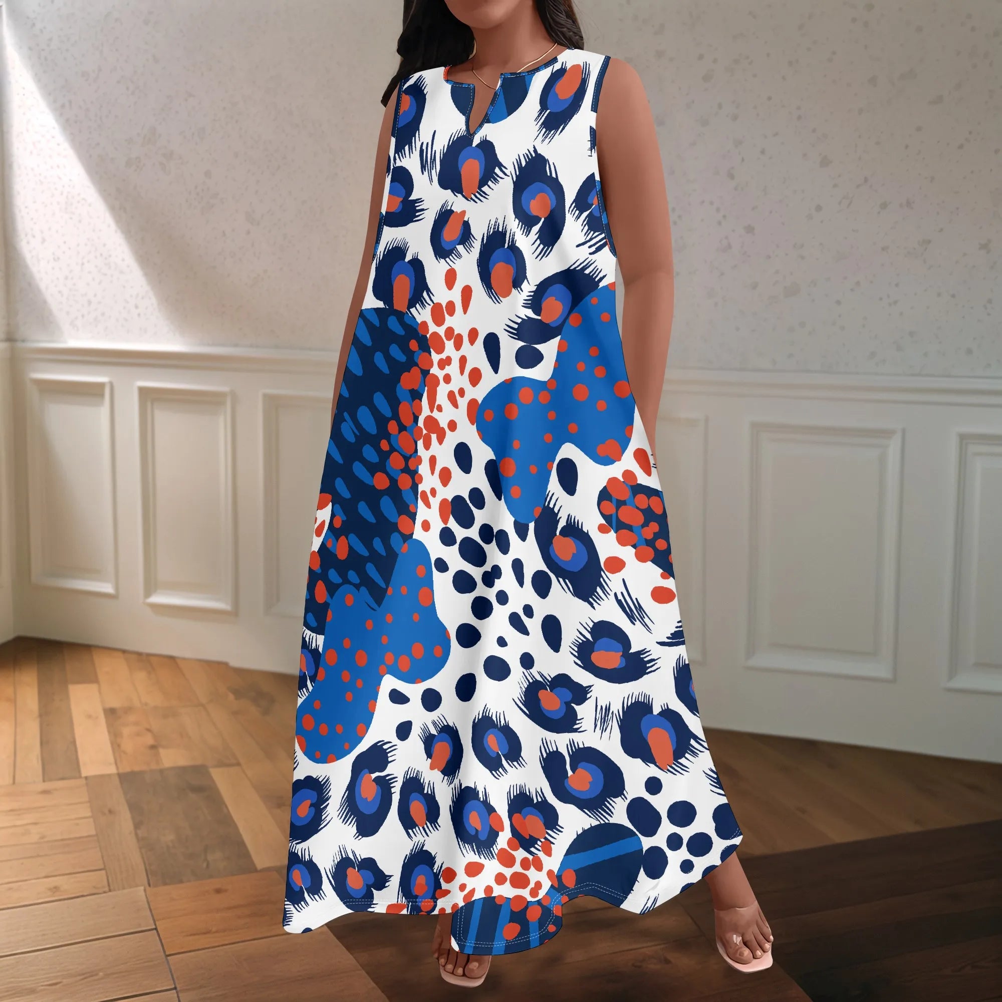 Plus Size Women's  Summerl Fashion Printed  African Style Sleeveless Round V Neck Dress Loose And Casual Dress