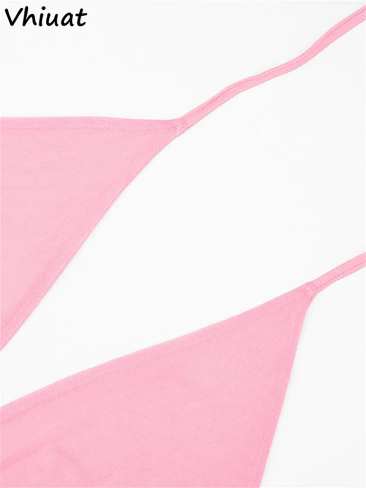 Vhiuat Women Casual Backless Bodycon Mini Dress Club Party Sleeveless Halter Pink Elegant Sexy Short Dress Vestidos Spring 2026