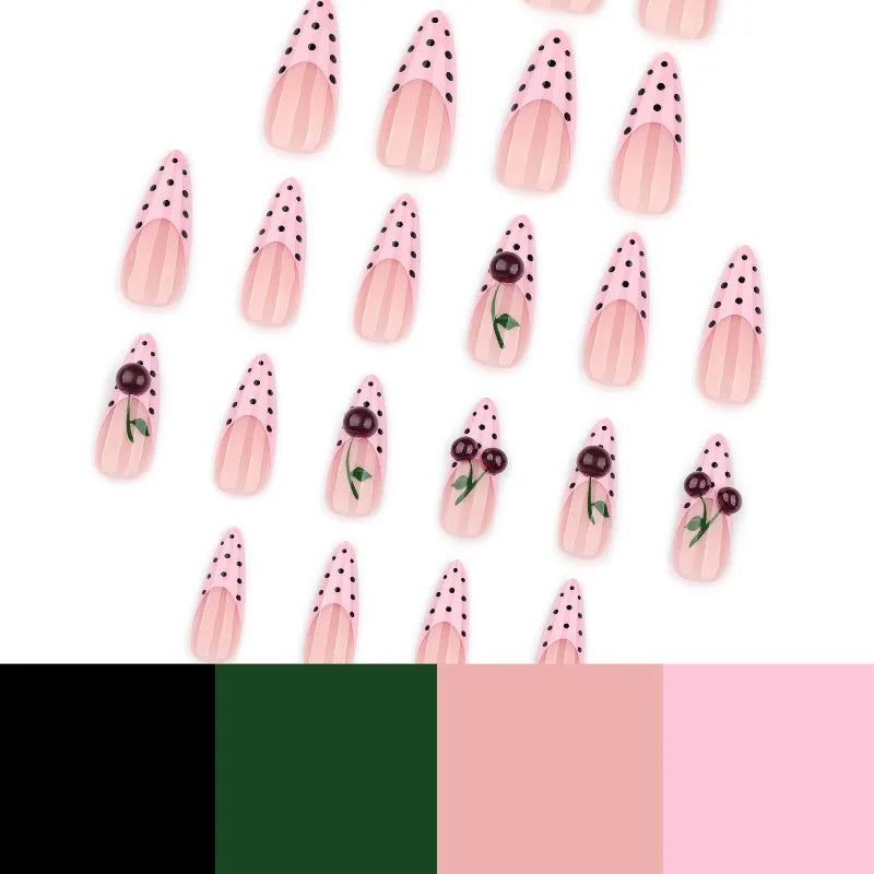 24PCS Pink French Press on Nails with Glue Black Polka Dots Sweet 3D Cherry Almond Fake Nails for Women Acrylic Simple Nail Tips