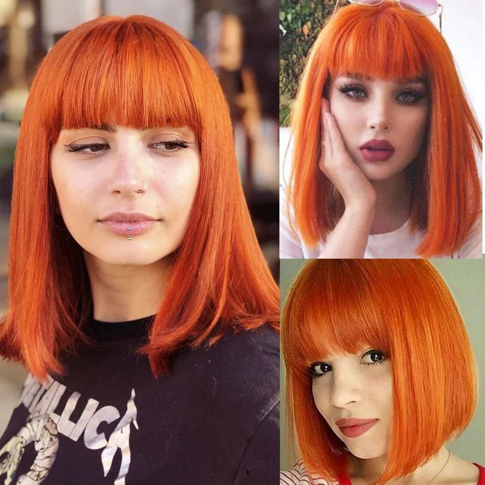 Orange Blonde Short Cut Straight Bob Wigs Rebecca With Bangs Red 99J Human Hair Brazilian Straight Machine Made Human Hair Wigs