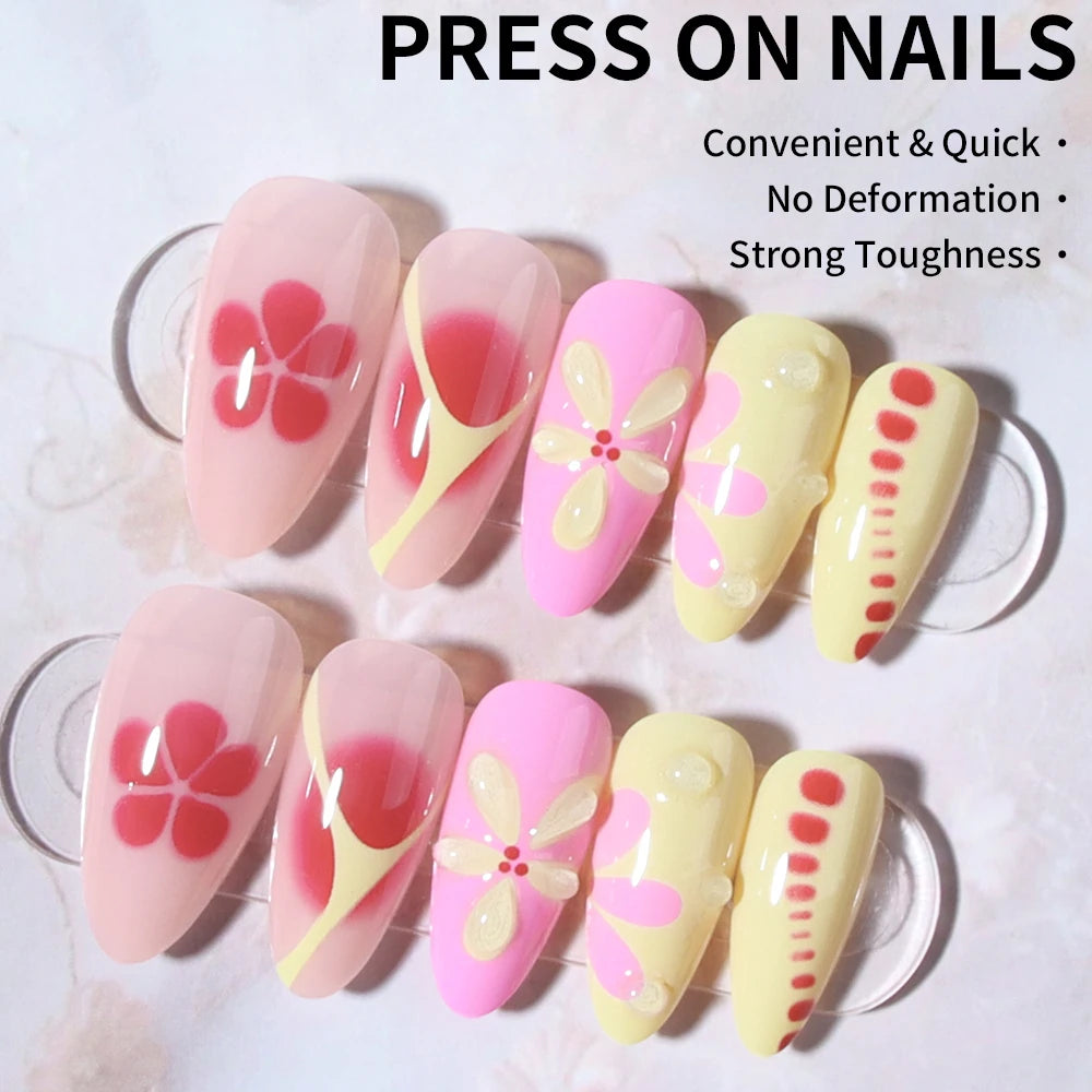 24 pcs  long almond French press on nails,3D gel  flower manicure design, summer manicure, suitable for women and girls to wear
