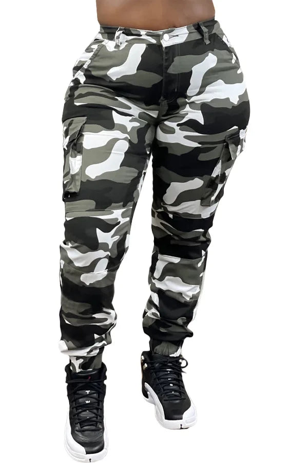 CM.YAYA Women’s Camouflage Printed Slim Cargo Pants 2024 Spring/Summer Pocket Jogger Street Fashion Safari Trousers