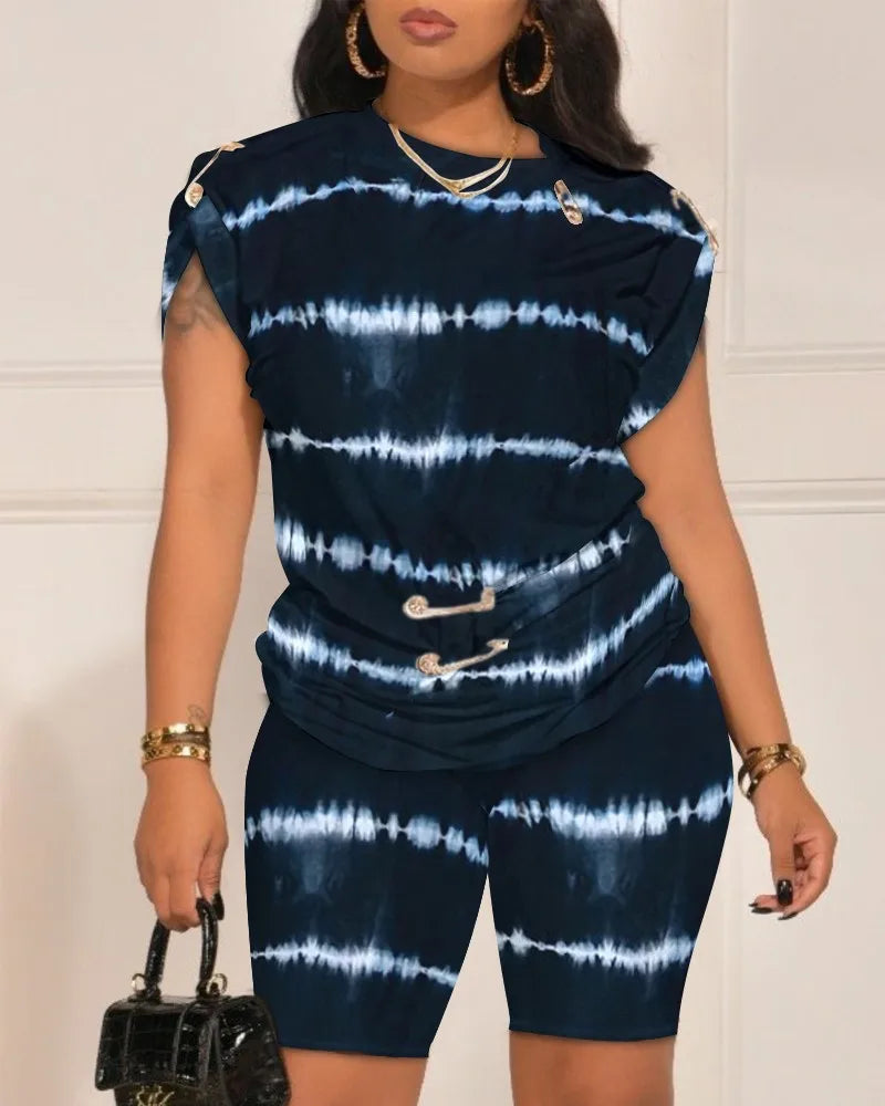 Women Leisure Pin Digital Printing Set O Neck Short Sleeve T-shirt And Shorts 2 Pieces Sets Summer Top + Short Pant 2 PCS Suits