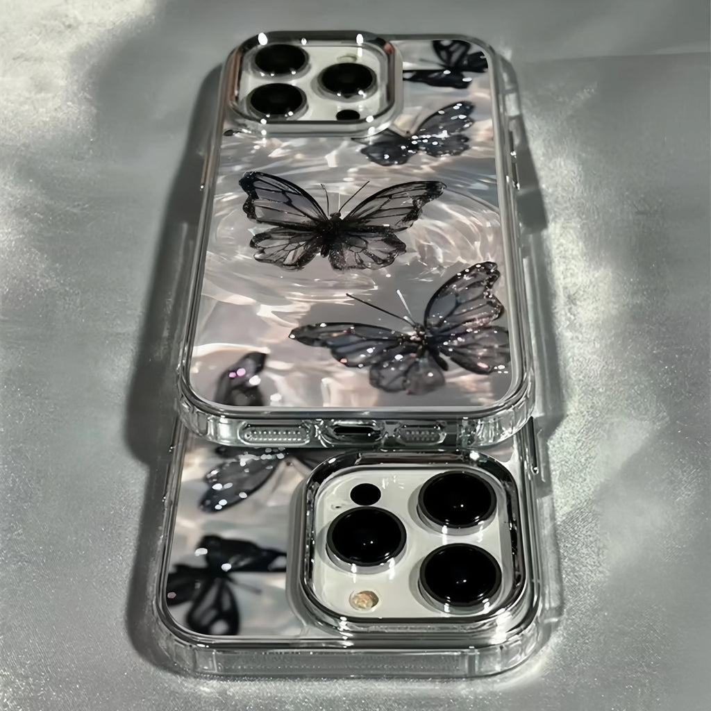 Elegant Black Butterfly Metal Frame Transparent Phone Case For iPhone 17 16 15 14 13 12 11 Pro Max Plus Air 16E Soft Clear Cover