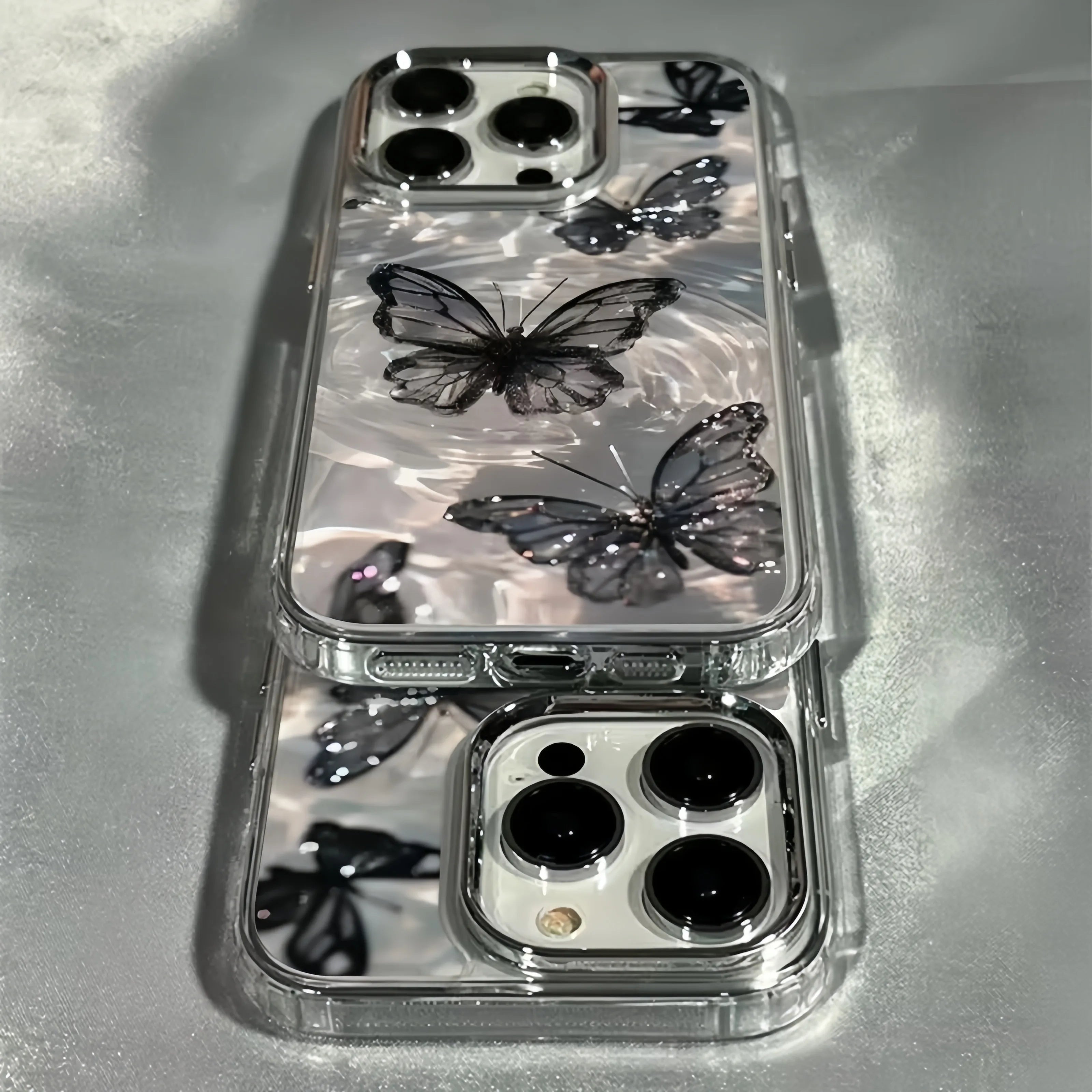 Elegant Black Butterfly Metal Frame Transparent Phone Case For iPhone 17 16 15 14 13 12 11 Pro Max Plus Air 16E Soft Clear Cover