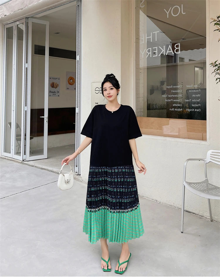 NYFS 2026 Summer New Korean Woman Dress Vestidos Robe Elbise Loose Plus Size Short Sleeve Patchwork Two Fake Pieces Long Dresses