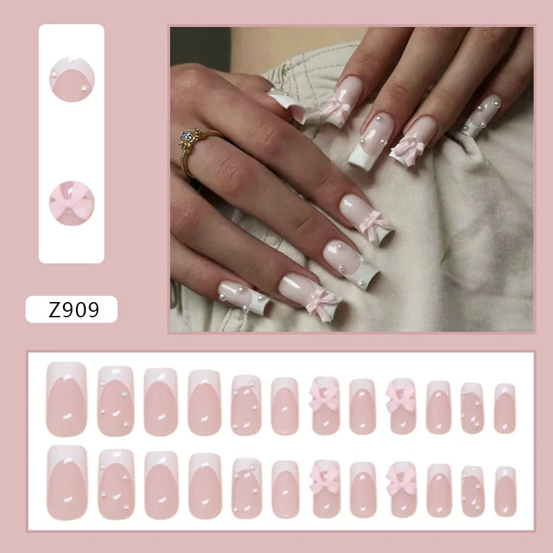 24Pcs Ballet False Nails Long French Press on Nails with Flower Design Wearable Coffin Fake Nail Pink Bow Design Manicure Tips