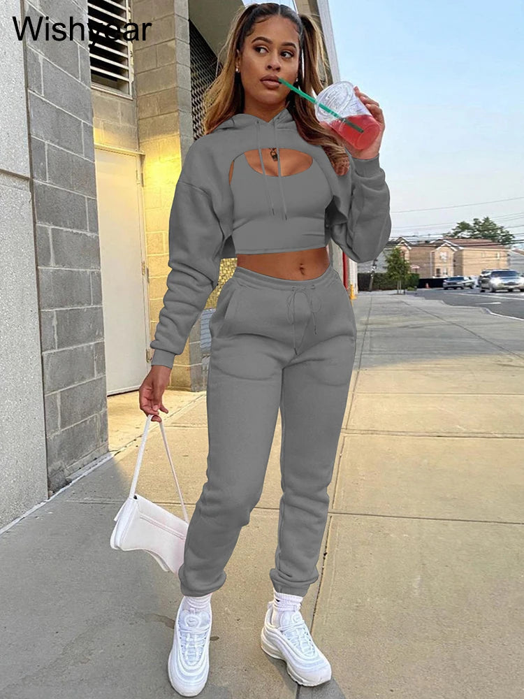 Tracksuit 3 Pieces Pants Sets for Women Velvet Hoodie Crop Tops+Vest+Sweatpants Matching Suit Sport Jogger Winter Fall Outfits